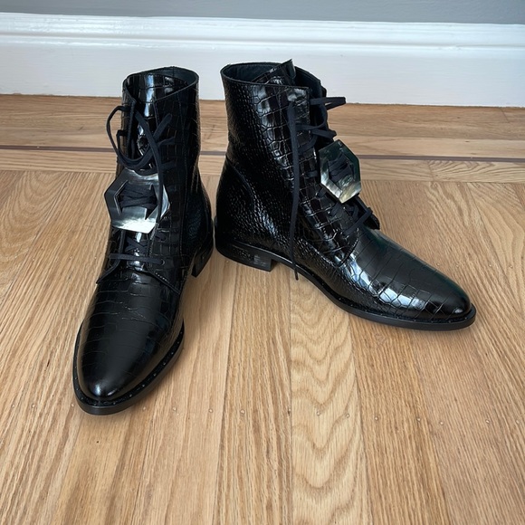 Freda Salvador Shoes - FS x Harwell Godfrey Embossed croc boots w/ horn buckle.